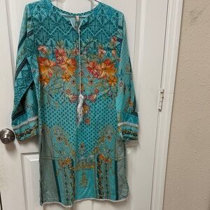 Pakistani Turquoise Floral Printed Tunic Dress
